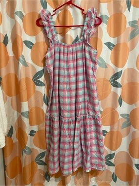 Simply Southern Pink and Turquoise Plaid Ruffle Strap Dress Size XL